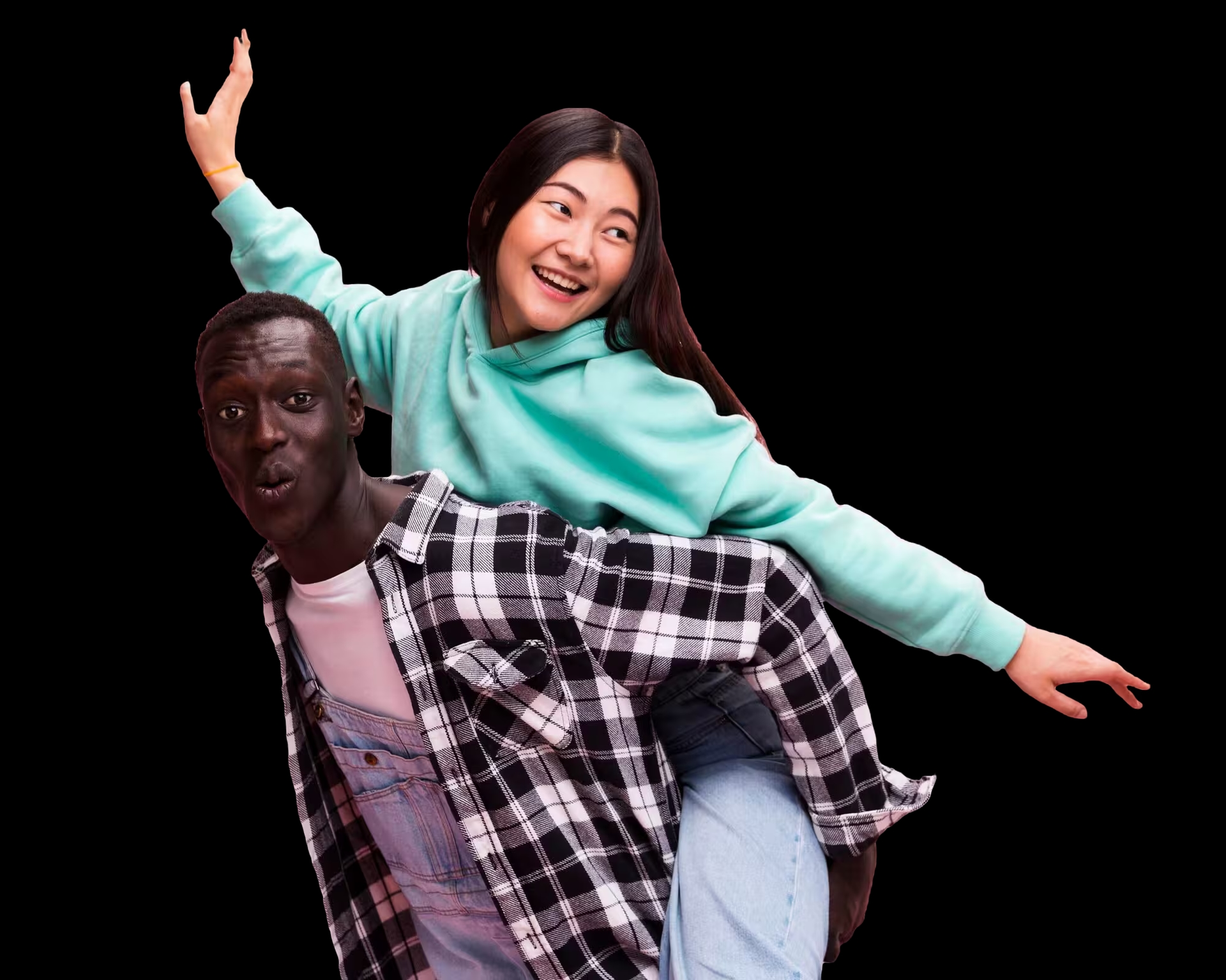 Two cheerful young people in front of a cannabis plant background.