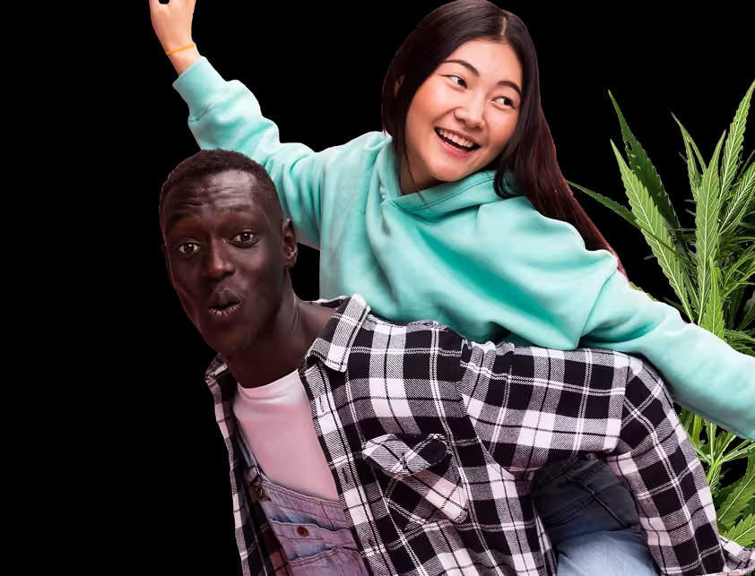 Two cheerful young people in front of a cannabis plant background.