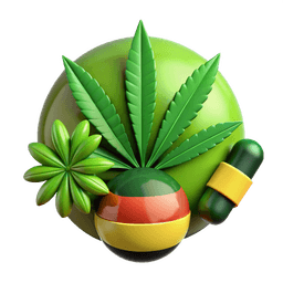 Großes Cannabisblatt hinter sphärischer deutscher Flagge.