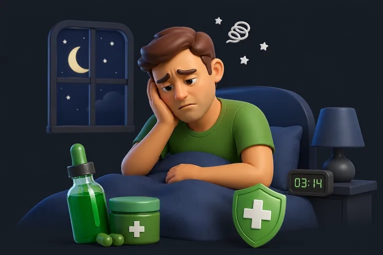 Mann liegt nachts wach im Bett neben medizinischen Cannabis-Präparaten