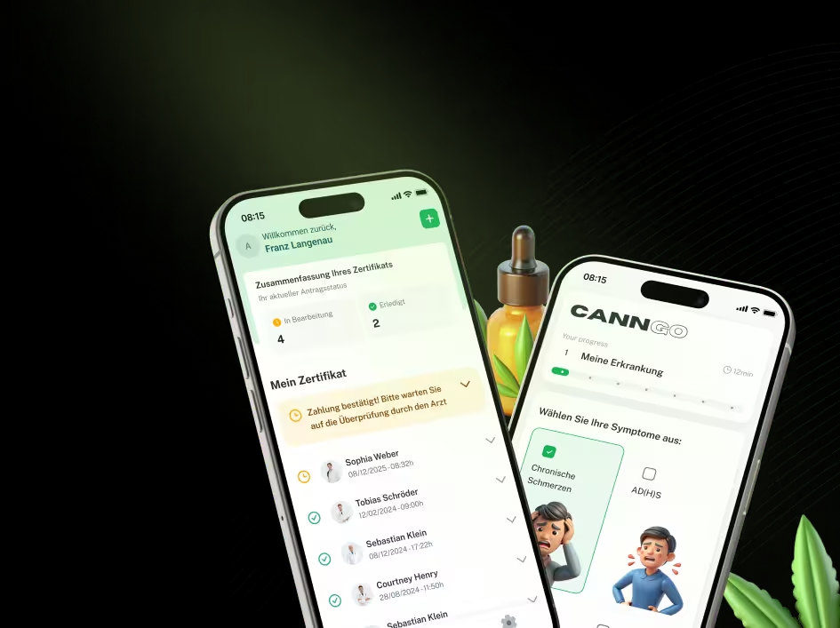 Zwei Telefone mit der CannGo-Anwendung auf dem Dashboard und Cannabisblätter drumherum