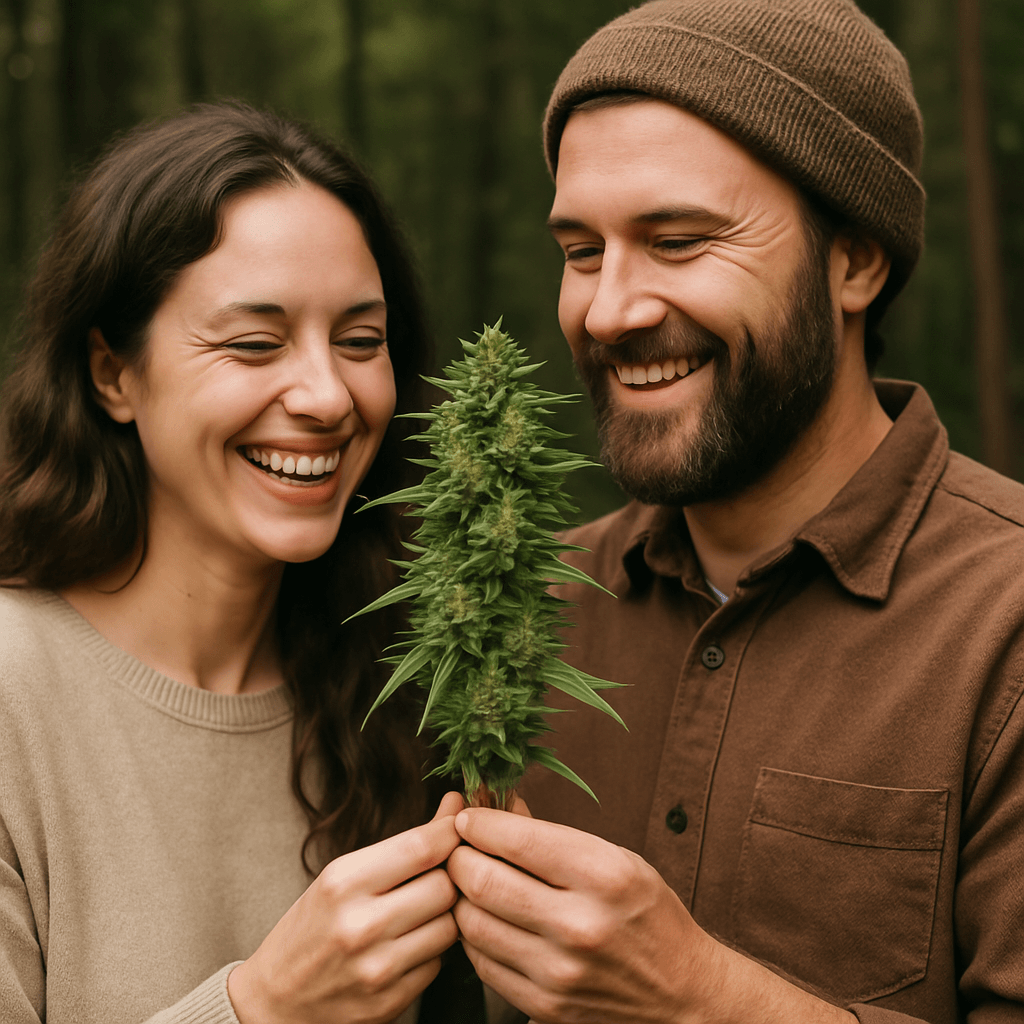 Mann und Frau halten Cannabis in den Händen, im Wald