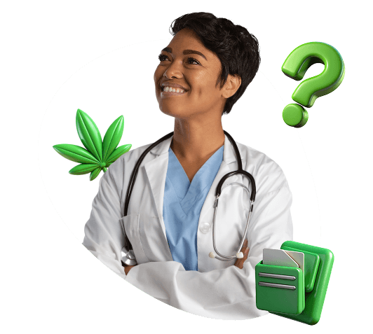 Ärztin mit Cannabisblatt und Fragezeichen zur Dosierung von medizinischem Cannabis.