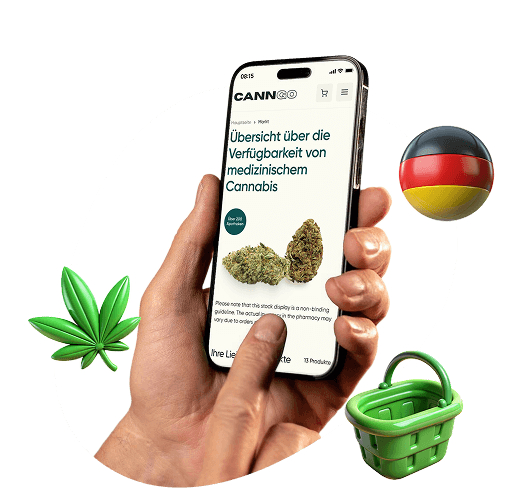 Hand hält Smartphone mit der CannGo-Seite für medizinisches Cannabis