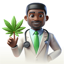Lächelnder Arzt, der ein Cannabisblatt in seiner Hand hält