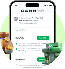 Eine Tasche mit Goldmünzen und eine Apotheke vor einem Telefon mit der CannGo-Anwendung auf dem Apothekenauswahlbildschirm.