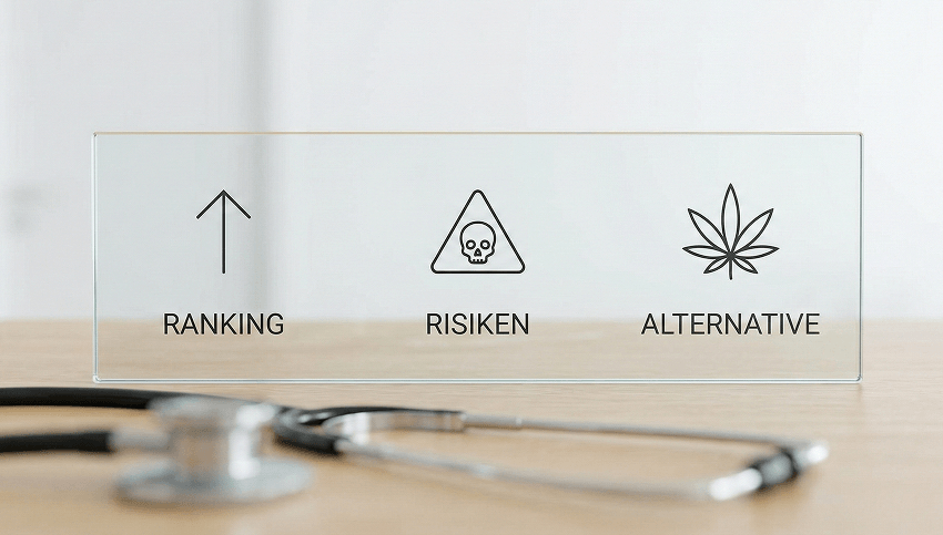 Minimalistische Infografik: Ranking der stärksten Schmerzmittel, Opioid-Risiken und medizinisches Cannabis als Alternative