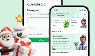 Die CannGo App auf Smartphones, mit einem Cannabisblatt-Symbol, vor weihnachtlichem Hintergrund.