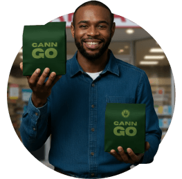 Deliveryman holding 2 green packages with CannGo label and smiling