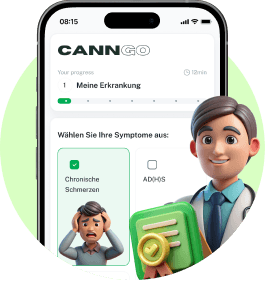 doctor with certificate in front of a phone with a CannGo application on symptom selecting page