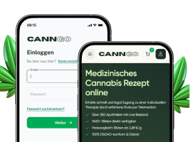 Two smartphones showing the CannGo login page and the medical cannabis prescription online