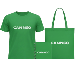 Green CannGo merch set with t-shirt, tote bag and notebook as giveaway prize