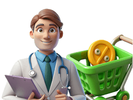 3D doctor in a white coat next to a green shopping cart with golden discount coins
