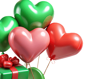 Red and green heart balloons above a green gift