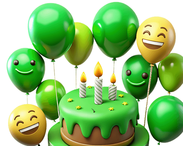 Festive 3D smiley with party hat, gifts and colorful balloons for the CannGo birthday