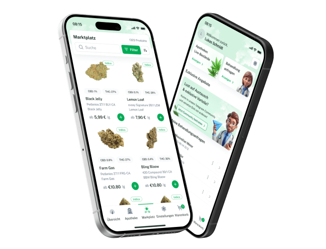 Two smartphones showing the CannGo app marketplace and treatment overview