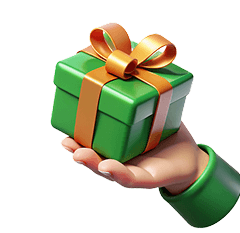 Hand holding a green birthday gift with a golden ribbon