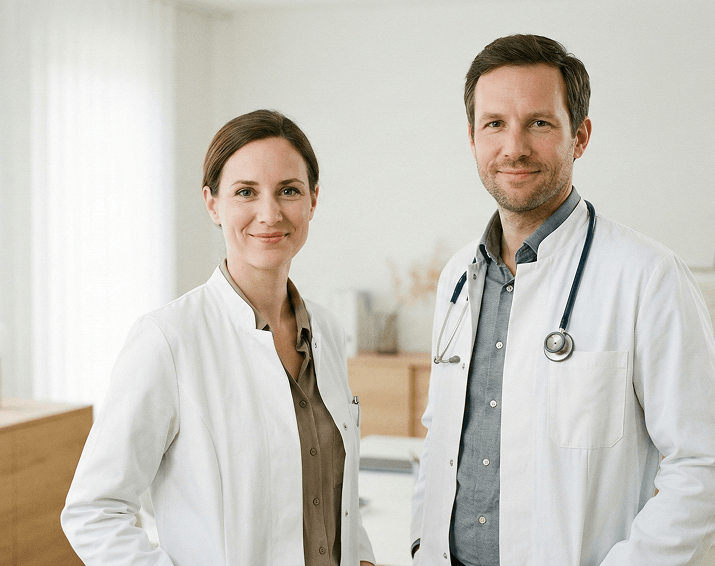 Zwei Ärzte in weißen Kitteln beraten Patienten zu medizinischem Cannabis auf Rezept.