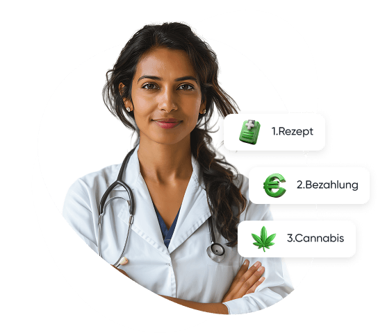 Ärztin mit Symbolen für Rezept, Bezahlung und Cannabis für den Online-Prozess.